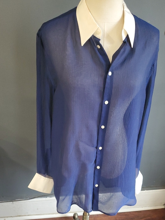 Thomas Pink Tops - Thomas Pink Navy Sheer Dress Shirt with White Contrast Collar